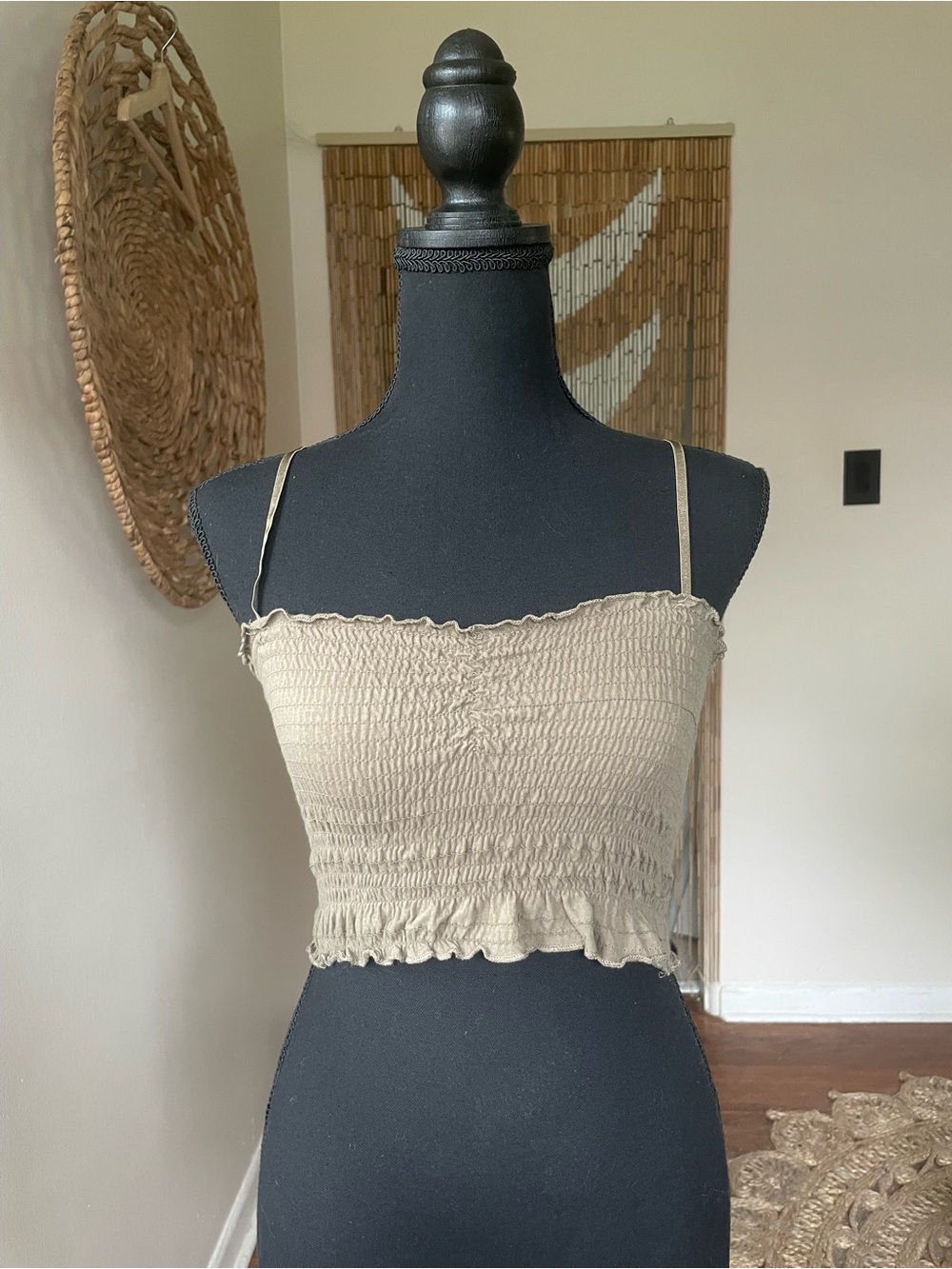 Bozzolo Beige Smocked Crop Cami with Ruffle Hem